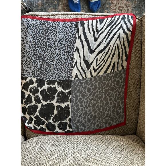Silk Animal Print Scarf 21” X 21” Transparent Red, Black &‎ White - Picture 4 of 8